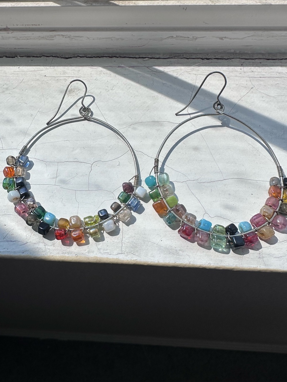Multicolor Glass Bead Hoop Earrings - Sterling Tone